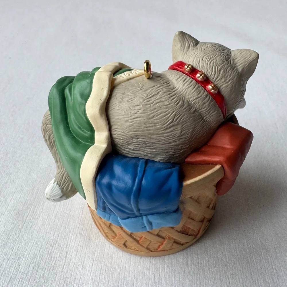 1998 Cat Naps Hallmark Collector Christmas Ornament Grey Kitten Laundry Basket
